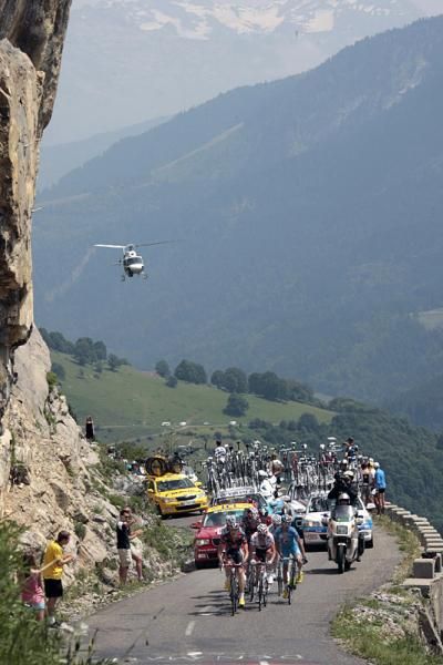 A helicopter follows the progress of the break during stage 9.