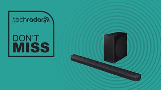 Samsung HWQ800D on cyan background with the words 'TechRadar: don't miss' positioned on the left side of the image