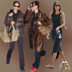 A collage of street-style photos of Laura Harrier, Hailey Bieber, Alexandra Saint Mleux all wearing Saint Laurent leopard print bags. 