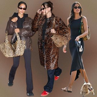 A collage of street-style photos of Laura Harrier, Hailey Bieber, Alexandra Saint Mleux all wearing Saint Laurent leopard print bags. 