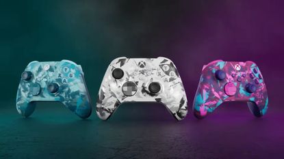 Xbox Breaker special edition controllers in frosty blue, purple pink and blue, and grey, white, and black variants