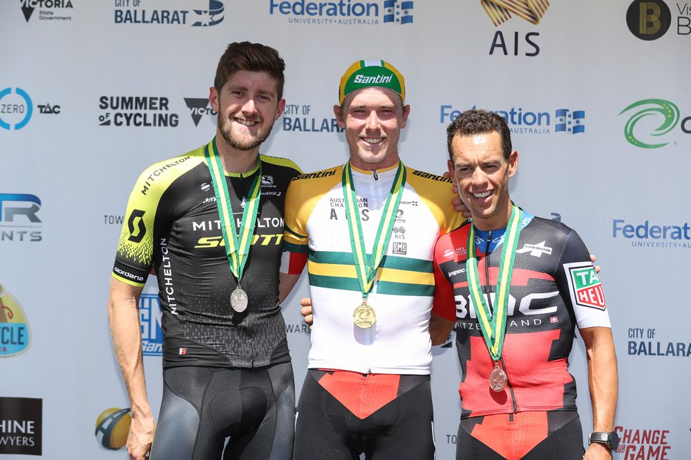 The 2018 elite men's time trial podium (l-r): Luke Durbridge, Rohan Dennis, Richie Porte