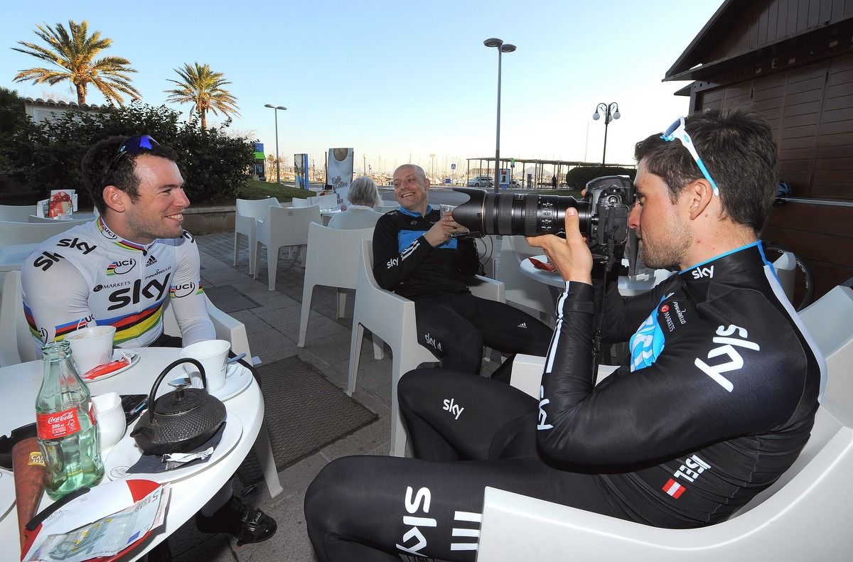Bernhard Eisel plays around with a camera and Mark Cavendish at the duo's first Team Sky training camp