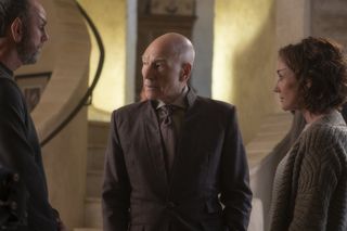 From left: Jamie McShane as Zhaban, Sir Patrick Stewart as Jean-Luc Picard, and Orla Brady as Laris in "Star Trek: Picard" Episode 1: Remembrance.