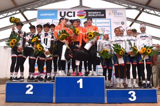 The podium (l-r): Team Sunweb, winners Boels-Dolmans and Cervelo Bigla