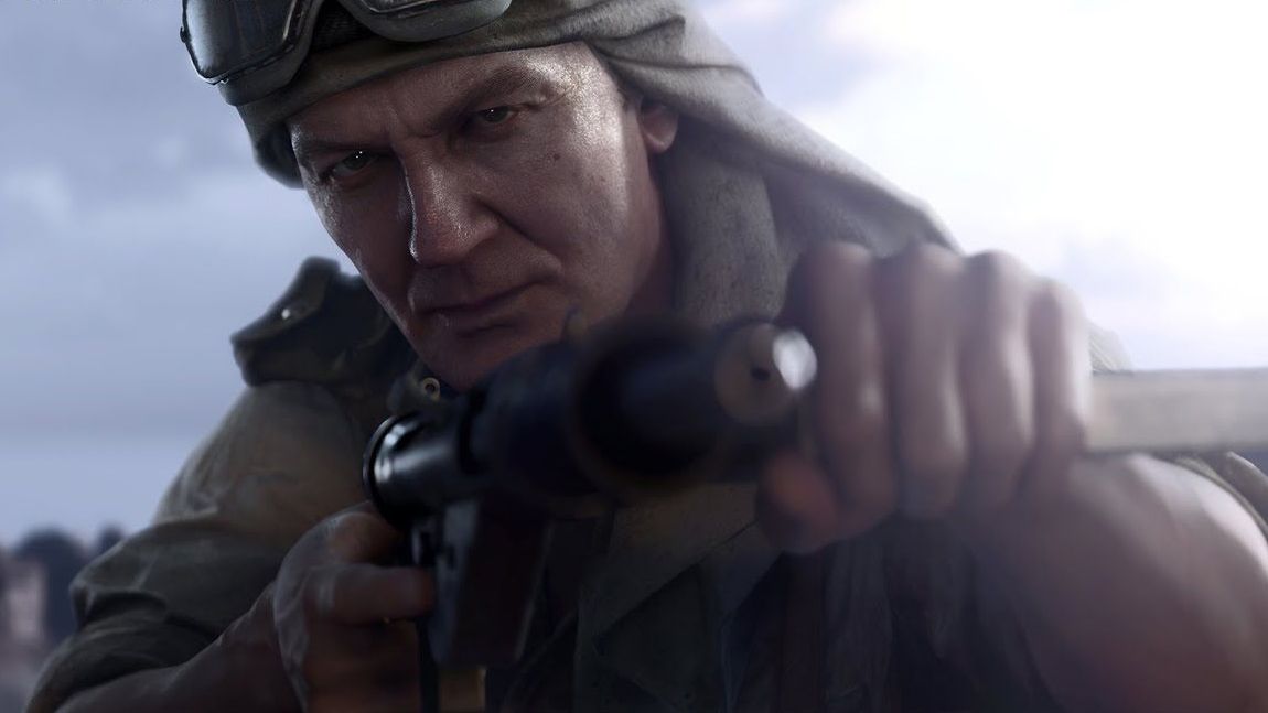 A soldier from Battlefield 5&#039;s singleplayer mode aiming a gun.