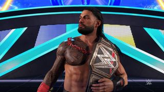 WWE 2K23 Roman Reigns holding a world championship titile