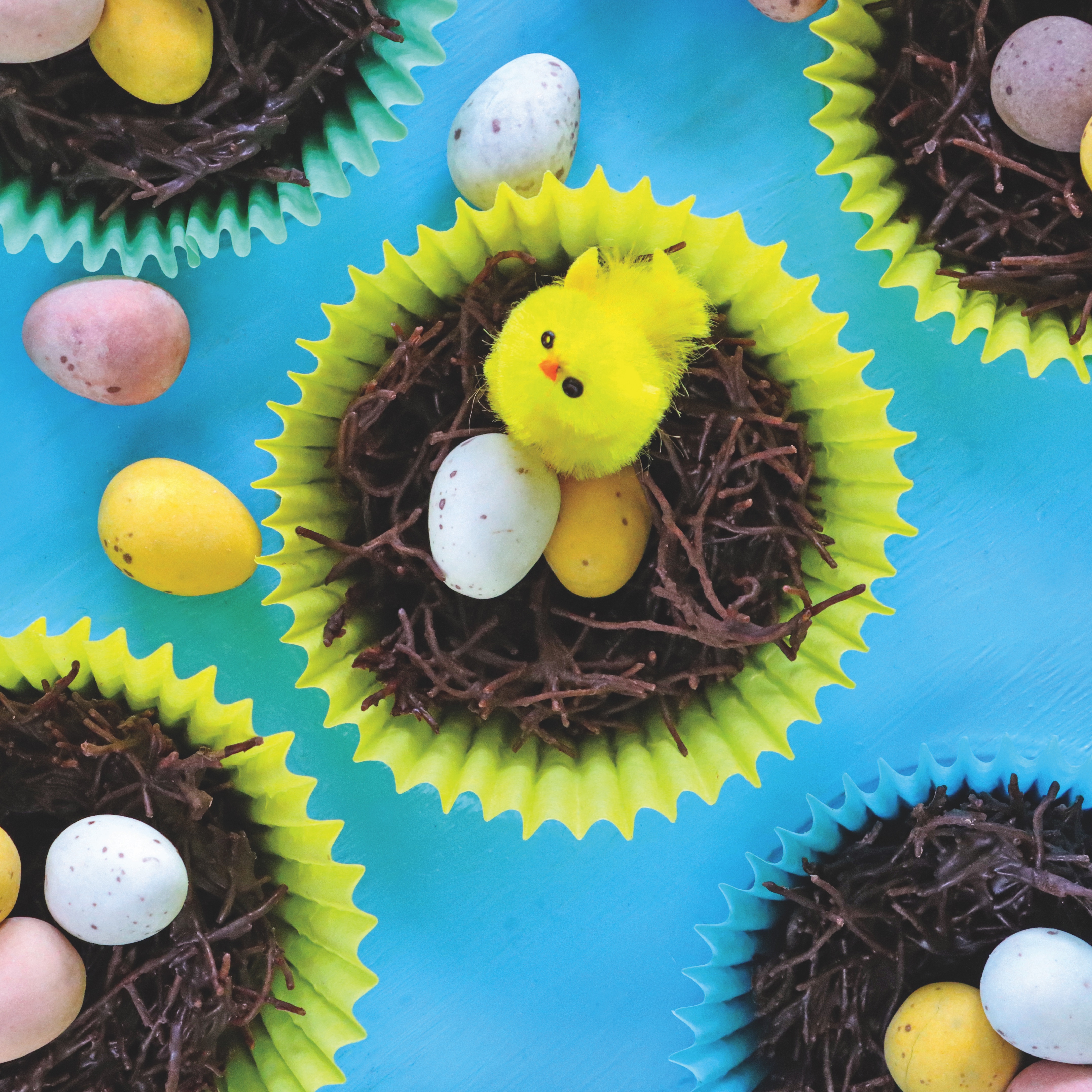 Sweet Easter nests with colourful eggs