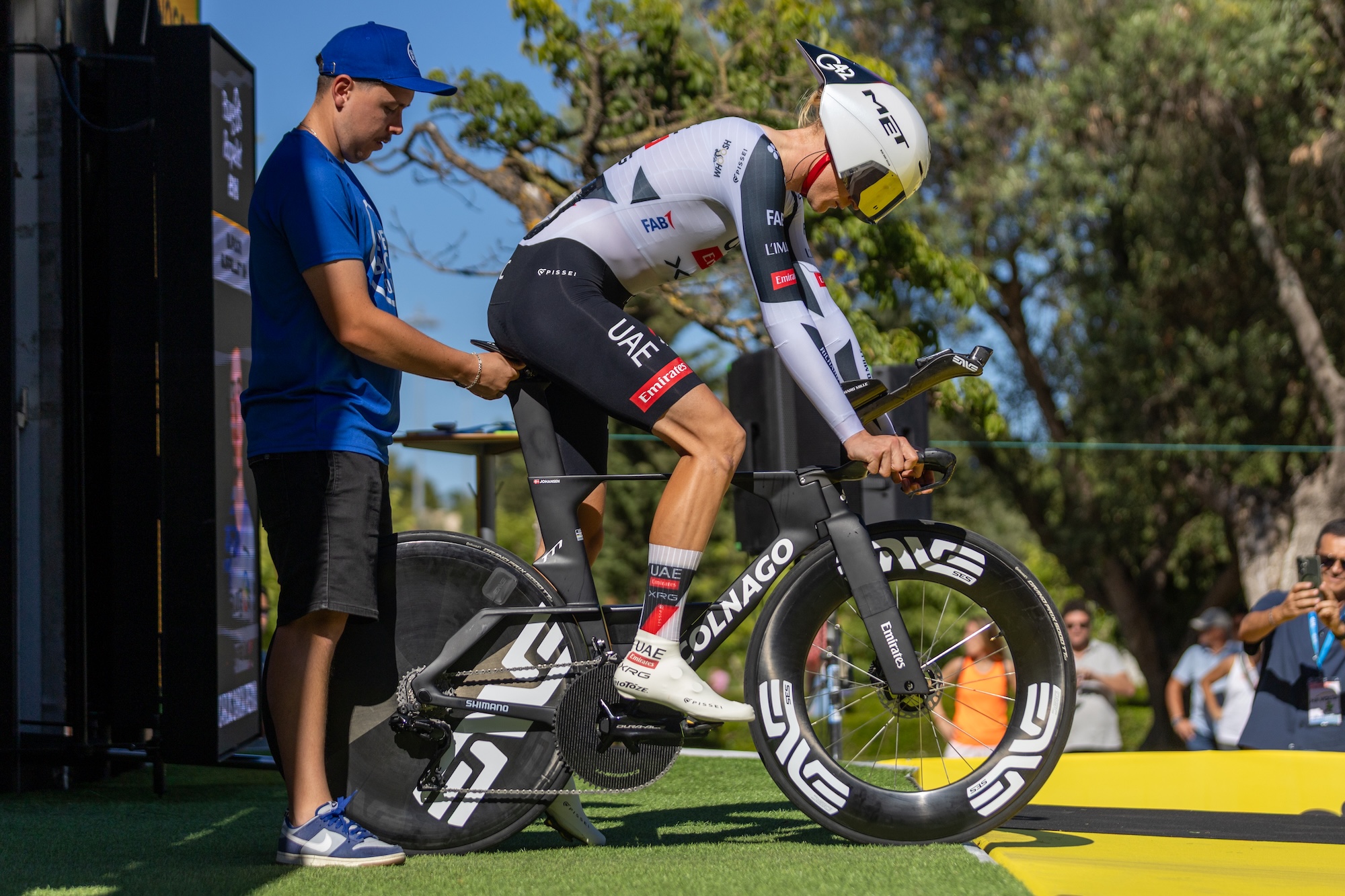 Julius Johansen of UAE Team Emirates-XRG starts from the start ramp during the Prologue of the Volta a Portugal 2026 in Lisbon, Portugal, on August 5, 2026. (Photo by Eduardo Almeida/NurPhoto)