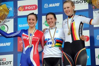 Jessica Allen wins, with Elinor Barker (l) second, and Mieke Kroger (r) third, Junior women TT, Road World Championships 2011