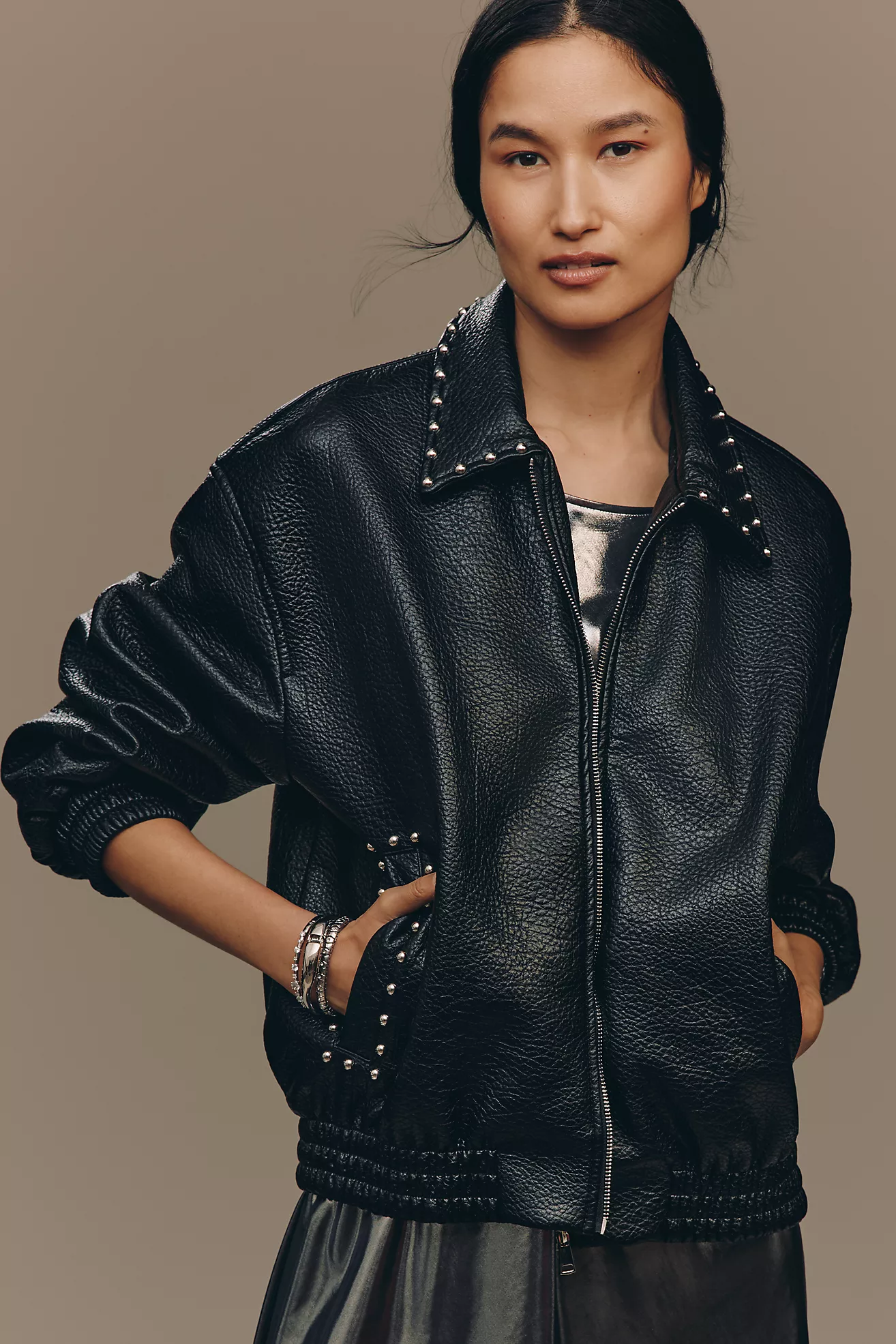 The Rylie Studded Faux Leather Bomber Jacket by Pilcro