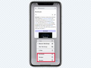 A red box highlights the available tab groups in Safari on iOS 15