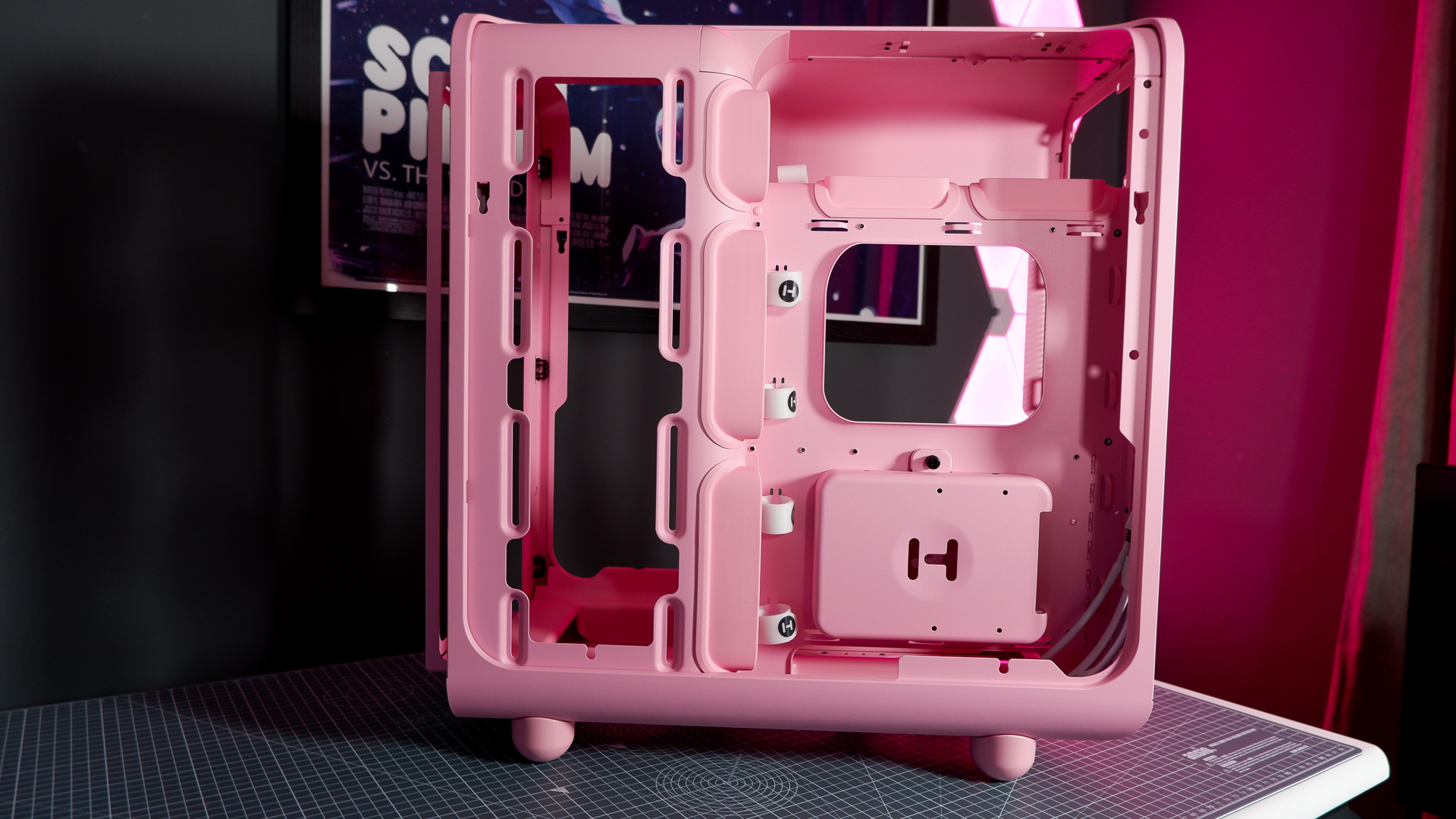 The Hyte X50 PC case on a desk ready to be built into for testing and review.