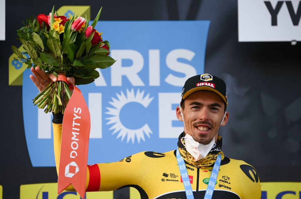Stage winner JumboVismas French rider Christophe Laporte celebrates on the podium at the end of the 1st stage of the 80th Paris Nice cycling race 160 km between ManteslaVille and ManteslaVille on March 6 2022 Photo by FRANCK FIFE AFP Photo by FRANCK FIFEAFP via Getty Images