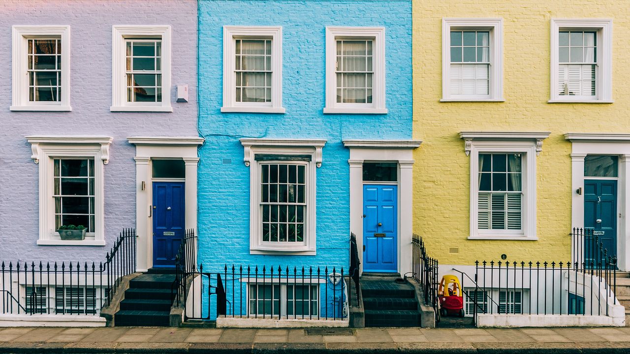 A colorful block of row houses.