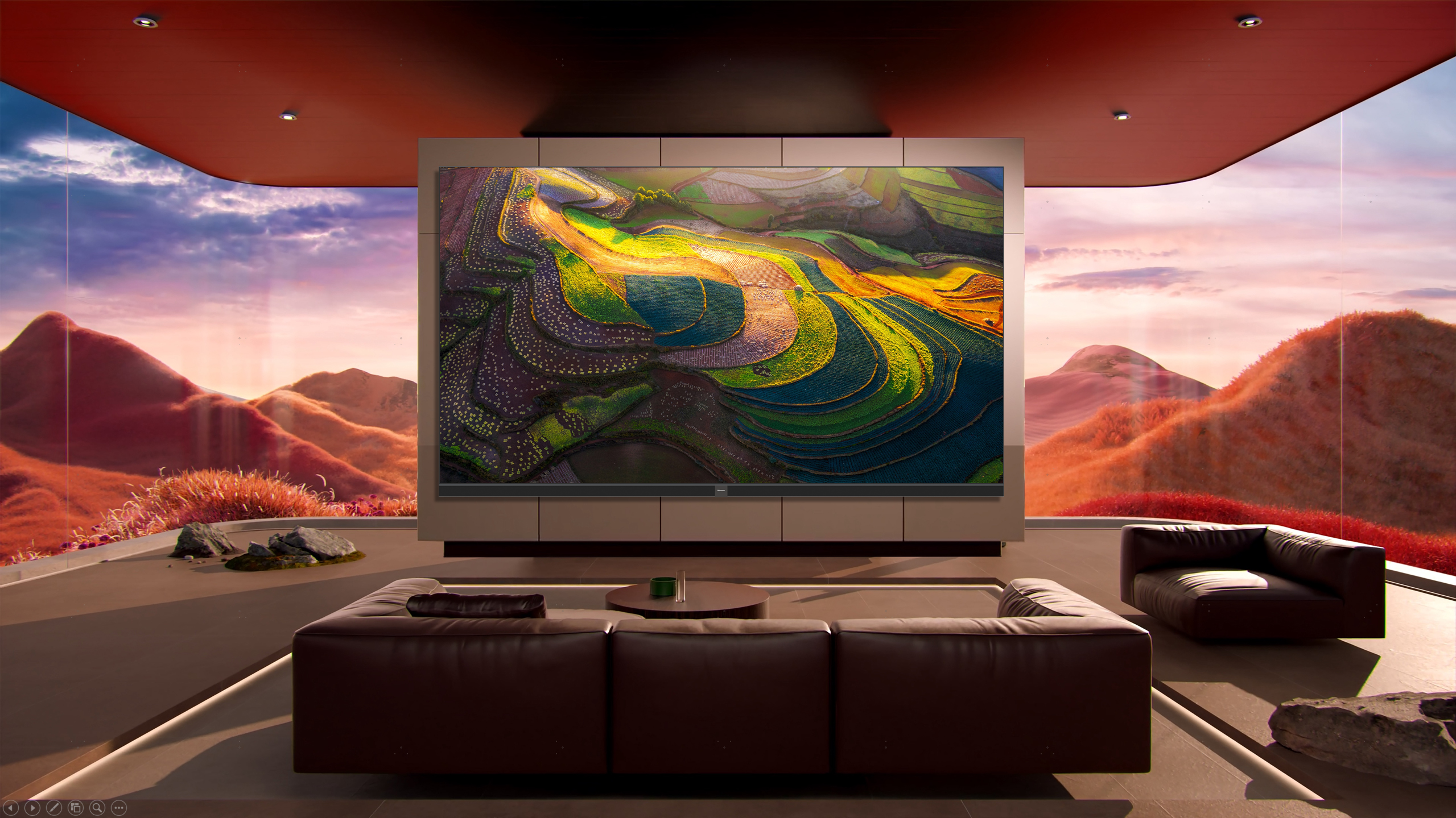 Hisense 136MX micro-LED TV showing colorful landscape on-screen