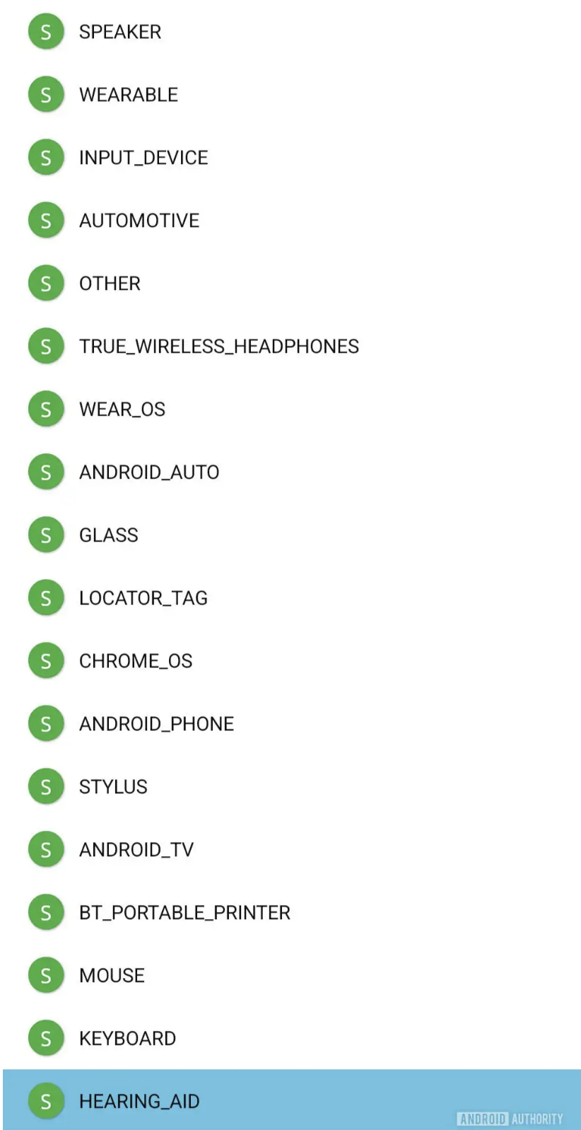 Hearing aids in the list of supported Fast Pair device types.