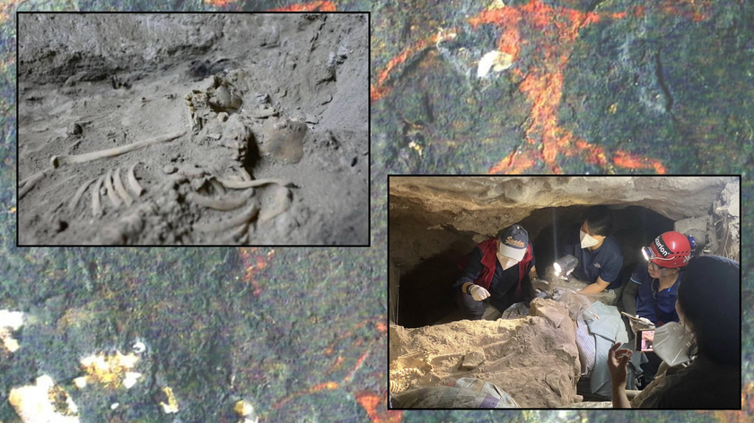 Against the background of a greenish and red rock are two images: one of a human skeleton emerging from the dirt and one of archaeologists in hard hats excavating it