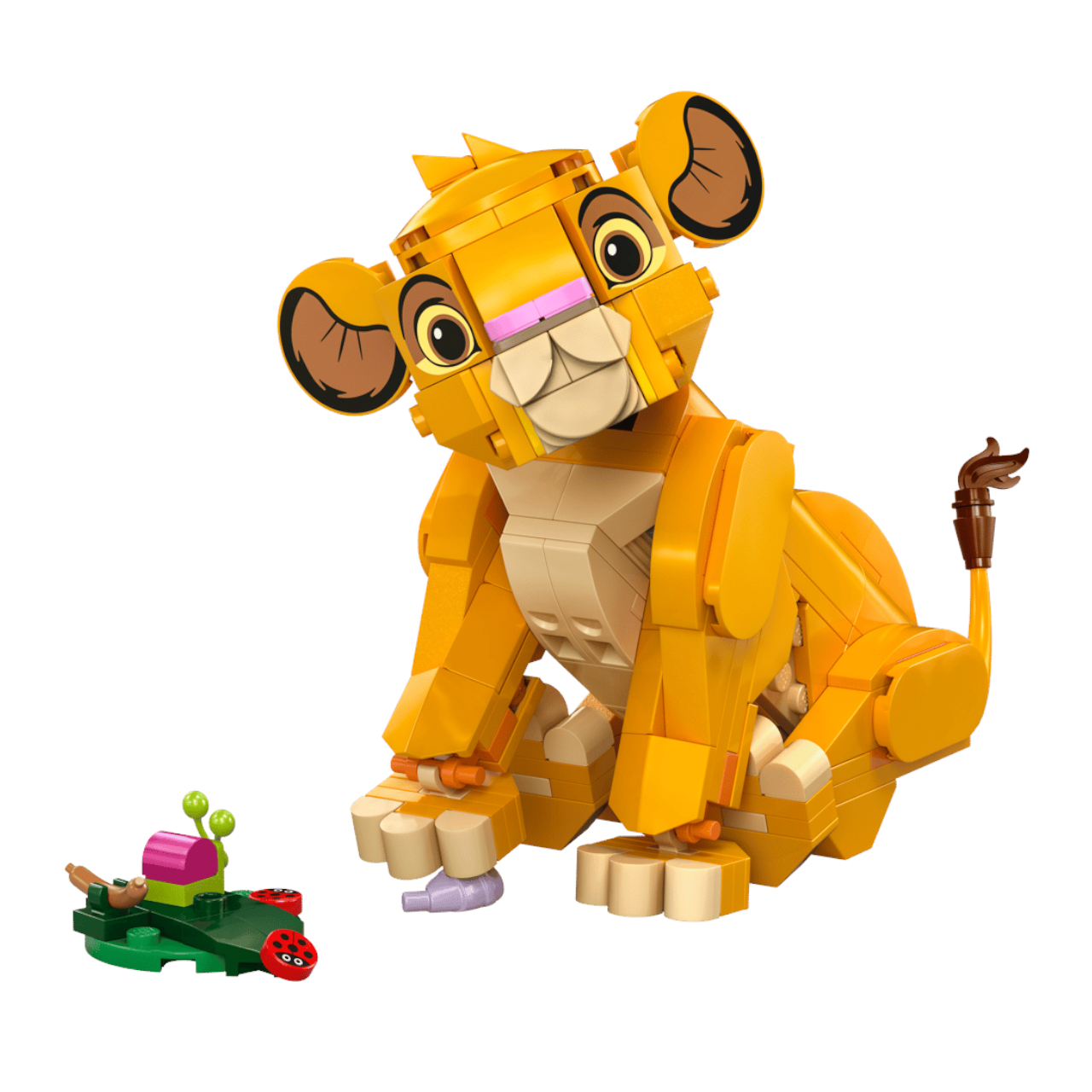 Lego Simba and a bug on a leaf against a plain background