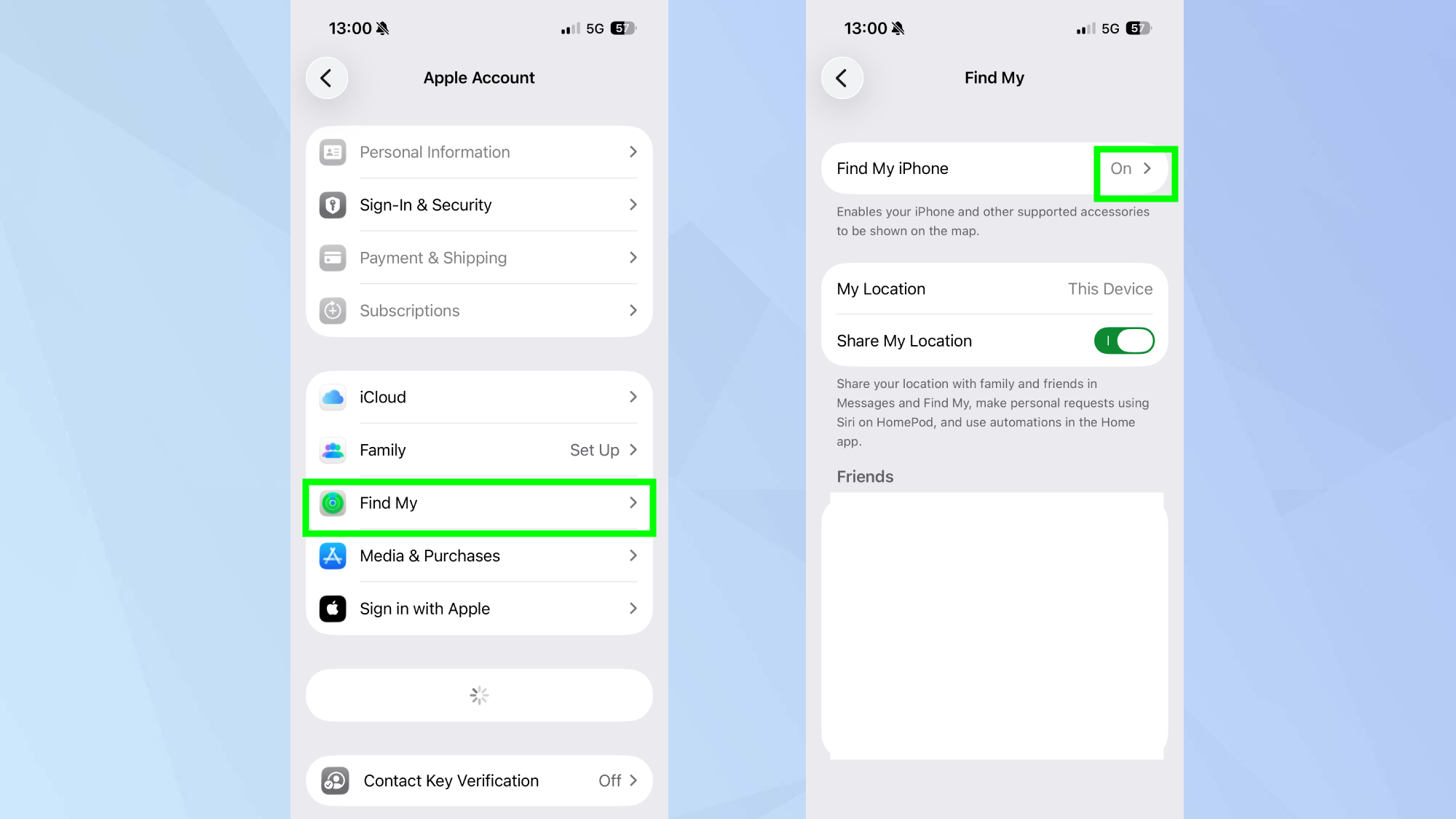 Find My in iPhone settings 