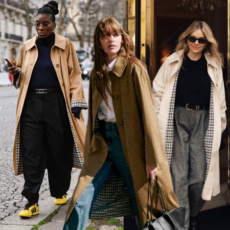 three women wear the Sézane clyde trench coat in three different colors at Paris Fashion Week