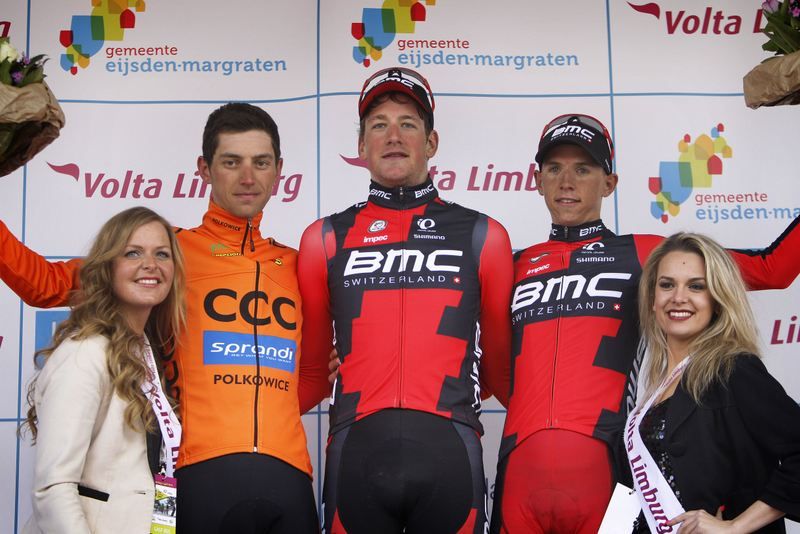 The 2015 Volta Limburg Classic podium: Maciej Paterski (CCC Sprandi Polkowice), Stefan K&uuml;ng and Dylan Teuns (BMC)