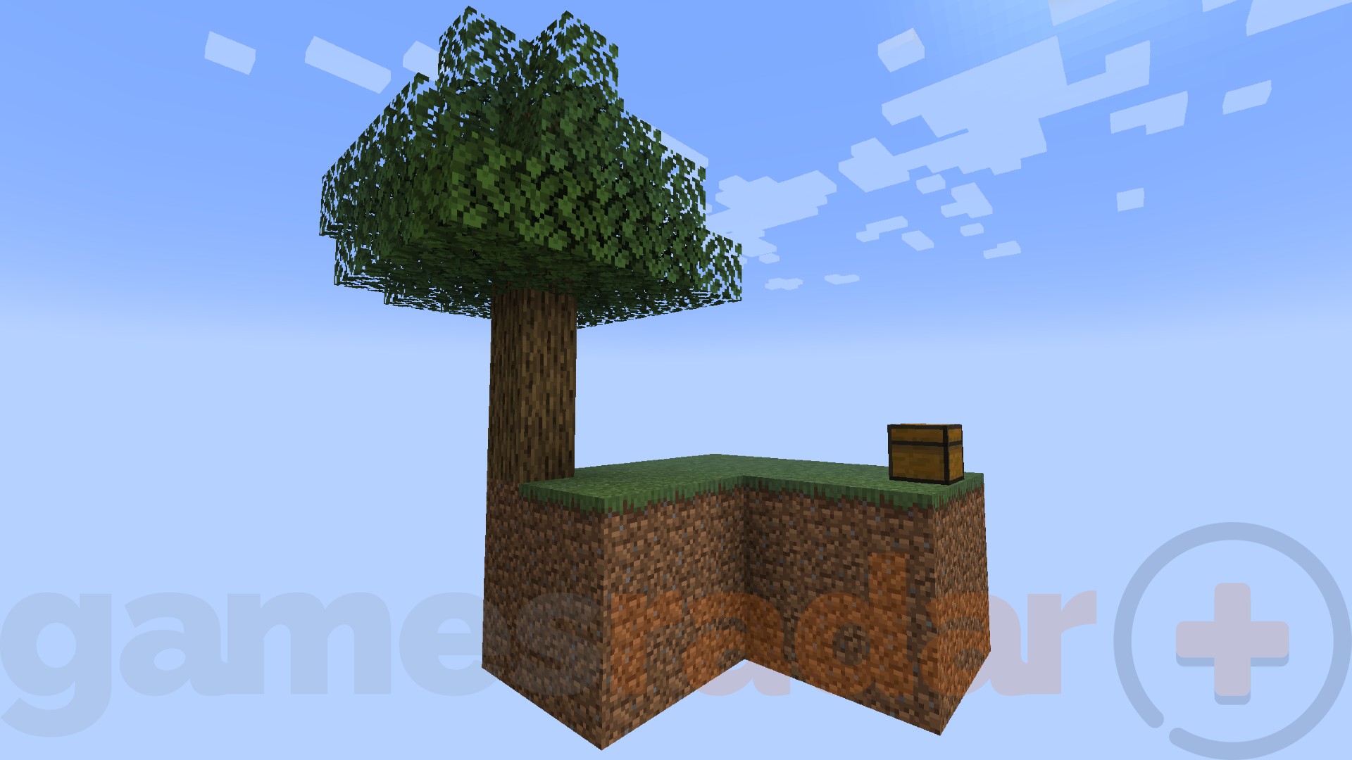 An oak tree and a chest sit on a small floating island of dirt and grass in a Minecraft Skyblock mod.