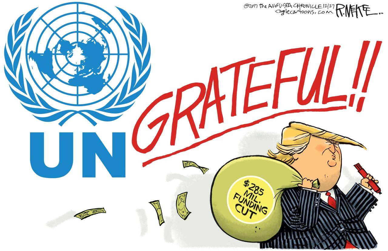 Political cartoon U.S. Trump UN funding Jerusalem decision