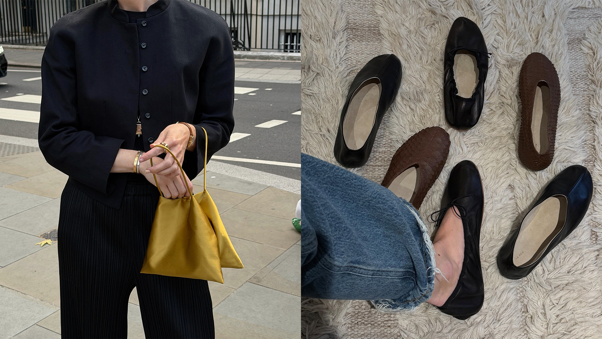 The Row Cecily bag in yellow satin alongside an assortment of The Row flat shoes