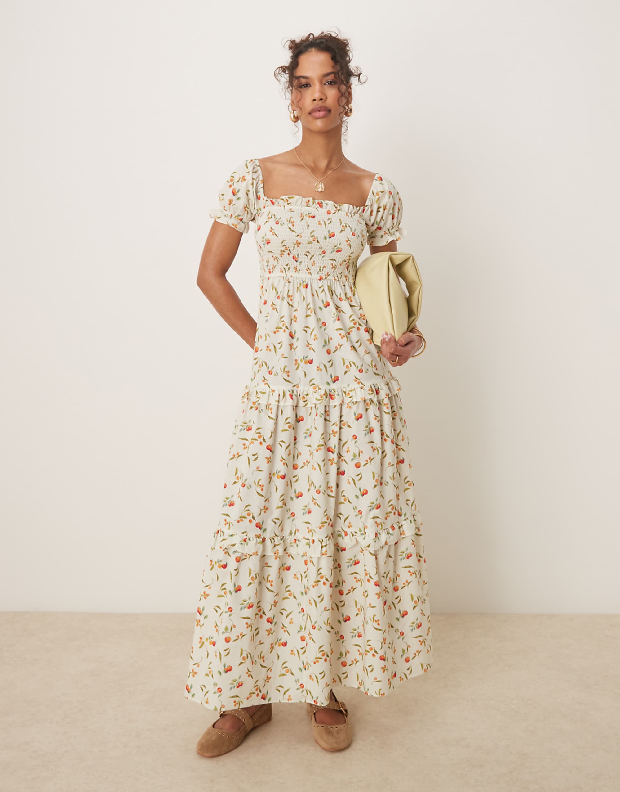 Glamorous Shirred Maxi Dress in Fruit Print