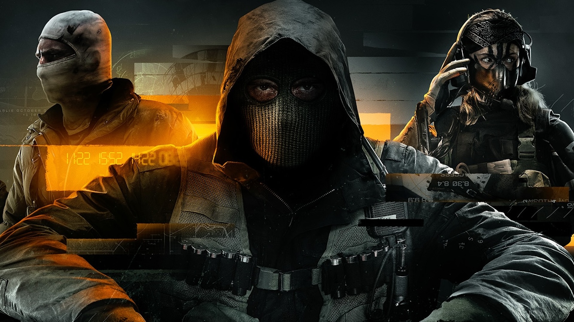 Three Operators cloaked in darkness. The middle has a hood and mask, their eyes white against the background