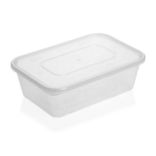 Plastic takeaway container with lid on top on a white background