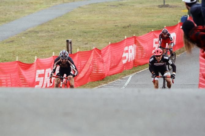 The sprint starts with Garrigan (Stage-Race/Blacksmith cycles) making a furious push for the lead.