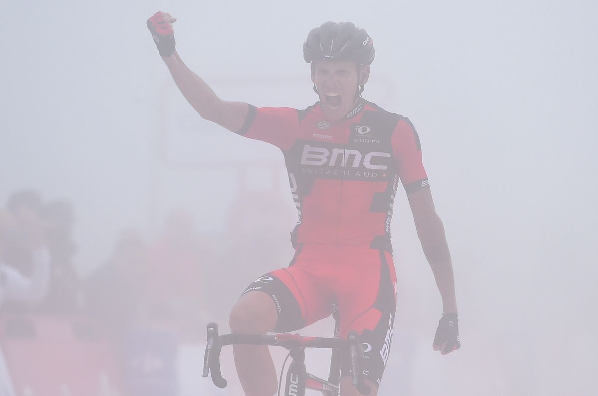 Alessandro De Marchi (BMC) celebrating stage 14 victory in the mist