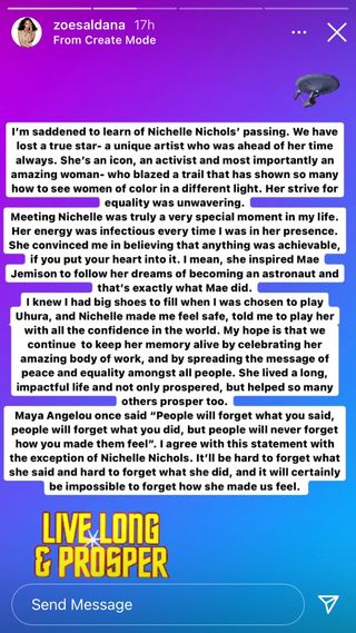 Zoe Saldana's tribute to Nichelle Nichols