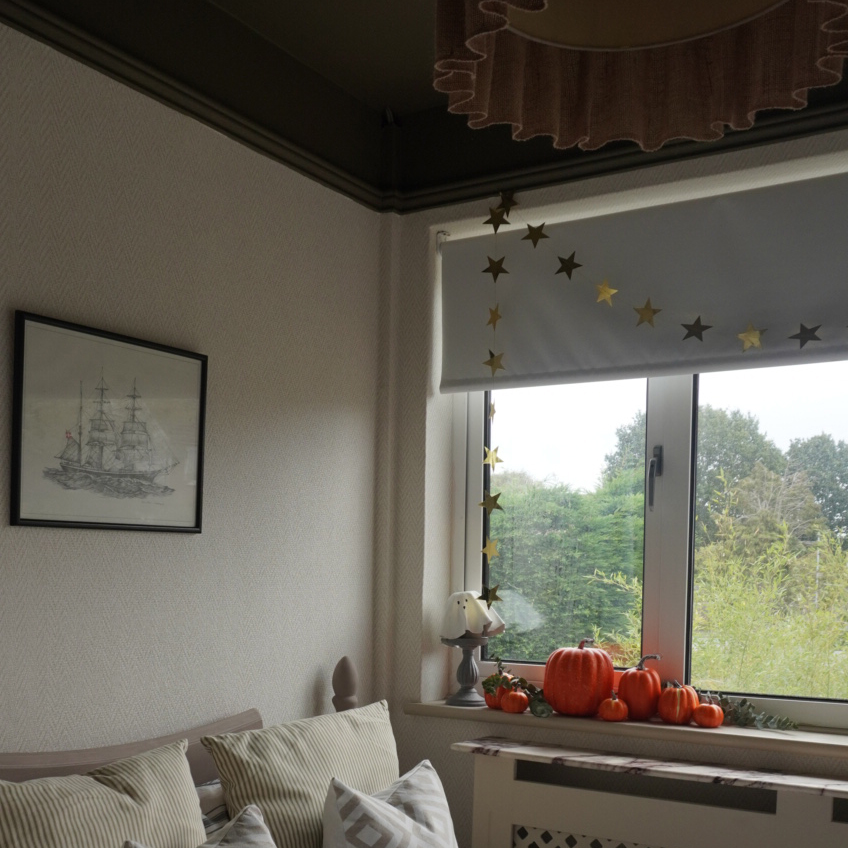 white bedroom with brown painted ceiling