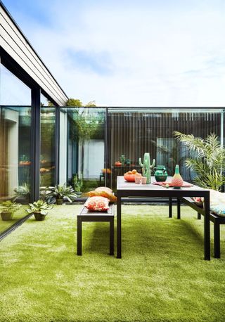 artificial lawn in modern garden