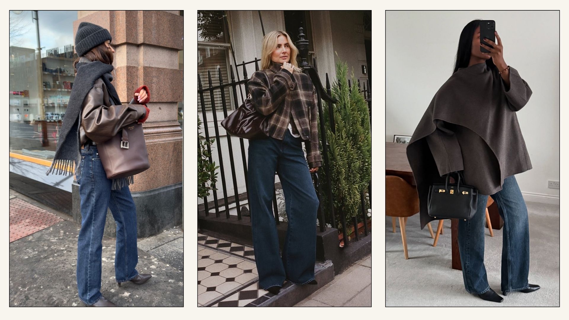 Collage of London influencers wearing dark wash straight-leg jeans.