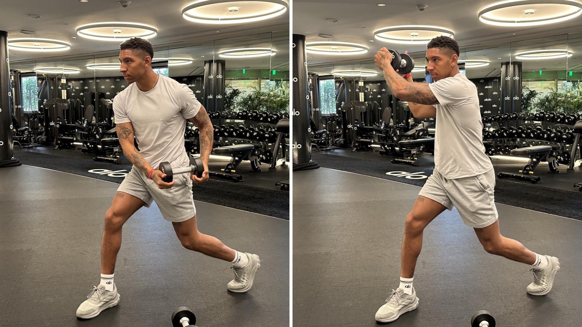 Two images side by side of man in gym demonstrating two positions of the dumbbell woodchop exercise