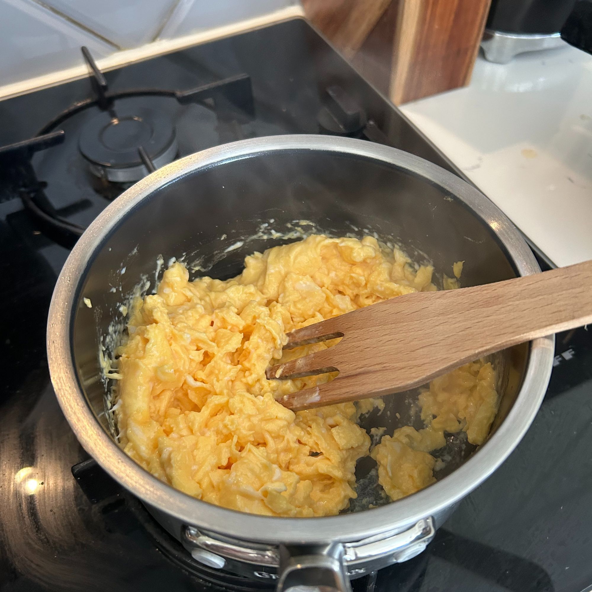GreenPan Premiere Stainless Steel Ceramic Non-Stick Saucepan & Lid Set - cooking scrambled eggs