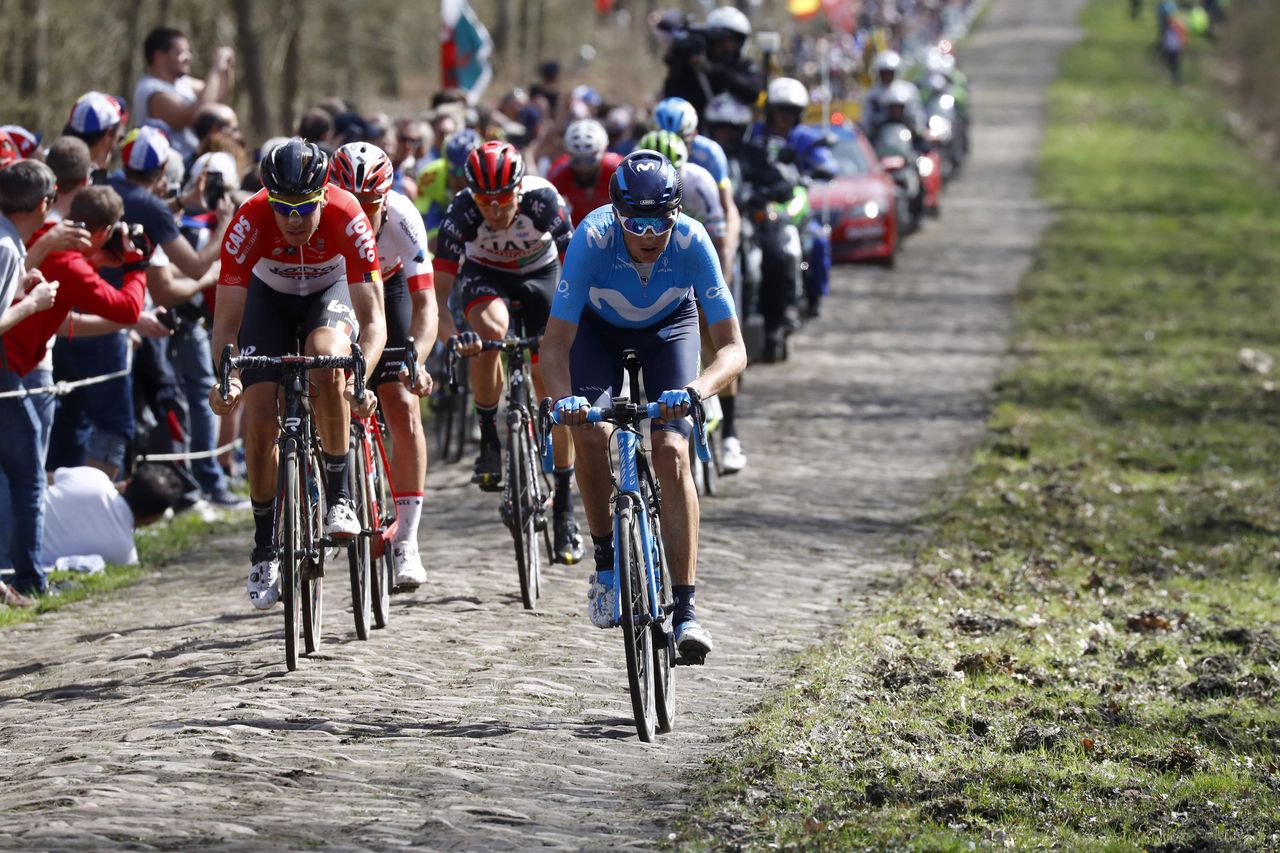 Marc Soler (Movistar) attacks the Arenberg Forest secteur in Paris-Roubaix