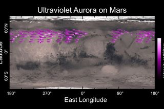 Map of the Martian auroras detected by NASA's MAVEN probe in December 2014. The aurora was widespread in the Red Planet's northern hemisphere.