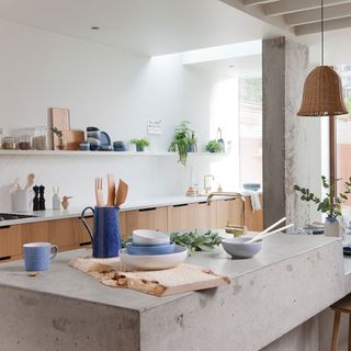room with open kitchen shelf white bowl and potted plant