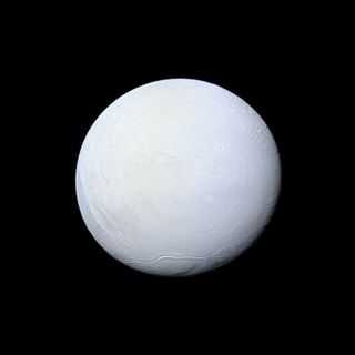 Saturn's moon Enceladus, covered in snow and ice, resembles a perfectly packed snowball in this image from NASA's Cassini mission released on Dec. 23, 2013. This view was taken by Cassini on March 10, 2012. It shows the leading side of Enceladus. North on Enceladus is up and rotated 6 degrees to the left.