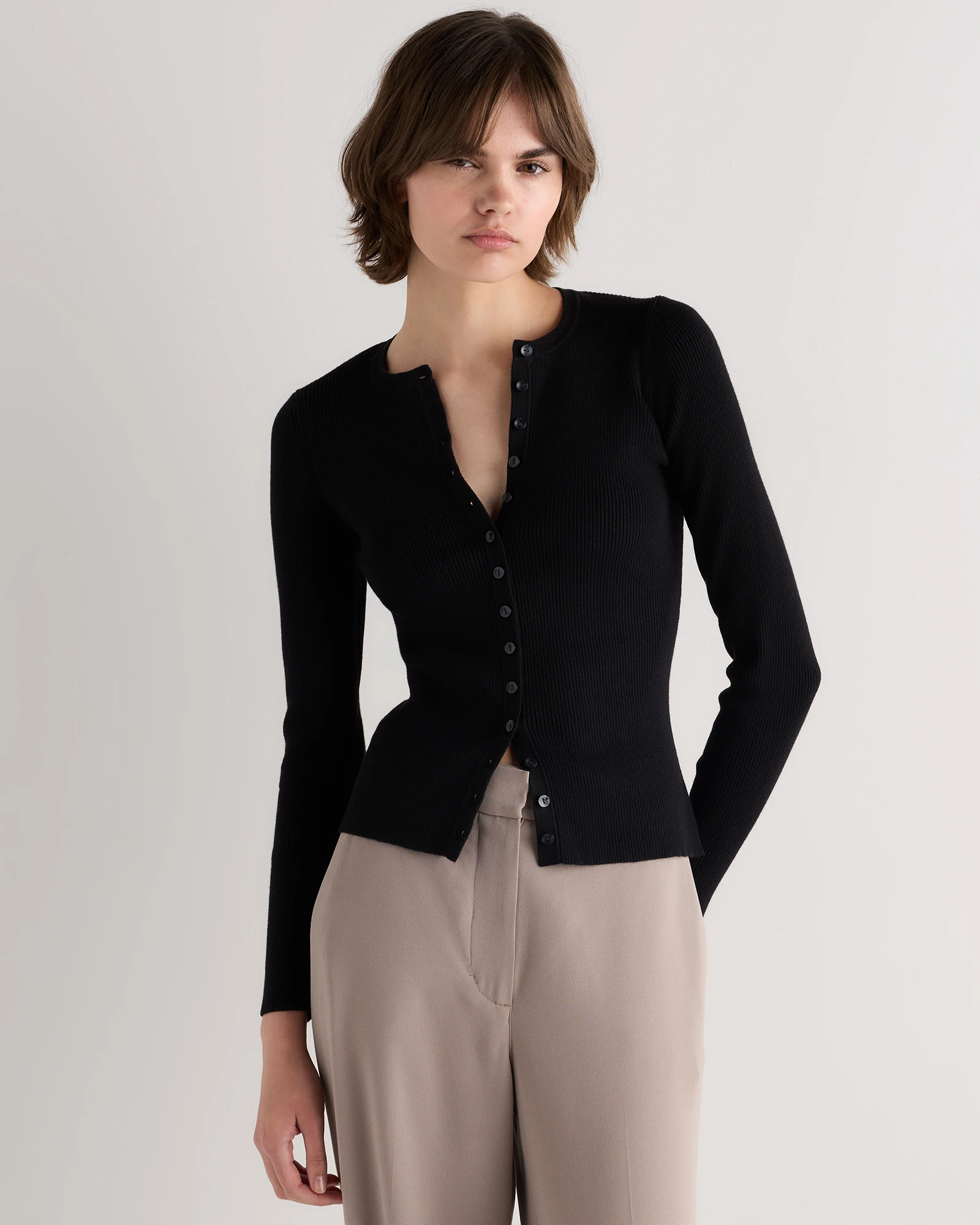 Women's Cotton Cashmere Fitted Ribbed Cardigan in Black, Size Xs