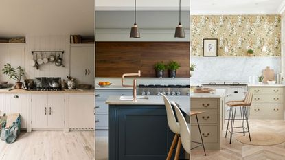 Three kitchens in white, blue and cream