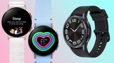 A pink and blue version of the Samsung Galaxy Watch FE next to an all black Samsung Galaxy Watch 6 model