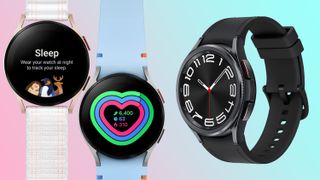A pink and blue version of the Samsung Galaxy Watch FE next to an all black Samsung Galaxy Watch 6 model