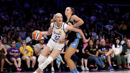WNBA players Cameron Brink and Isobel Borlase play against each other.