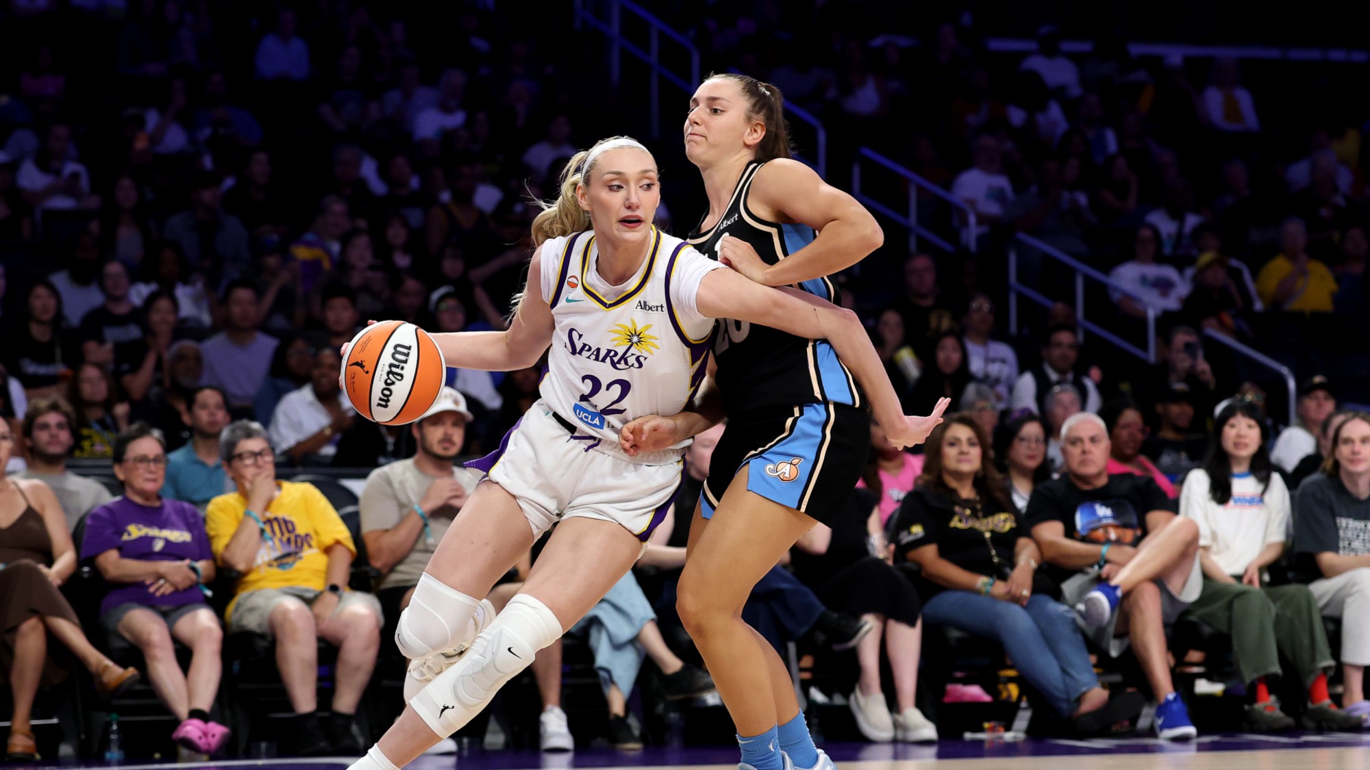 WNBA players Cameron Brink and Isobel Borlase play against each other. 
